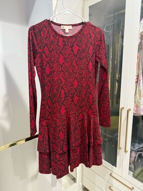 Michael Kors Red and Black Long Sleeve Tiered A-Line Dress